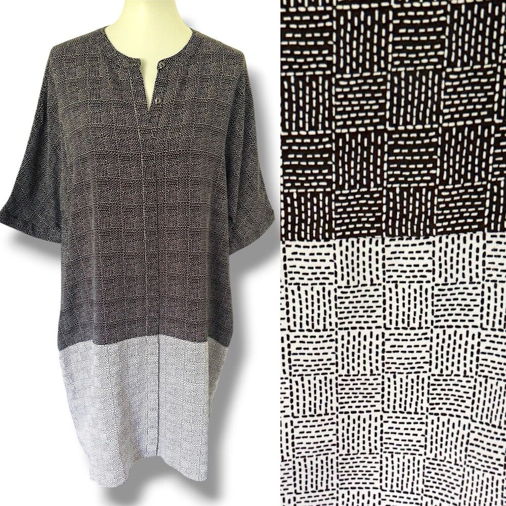 Women's St. John Silk Button Front Tunic Stretch Pockets Shirt Dress Plaid M Med